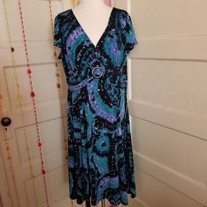 Perceptions NY Size 18 Blue Purple Abstract Midi Dress Empire Waist V Neck Fit